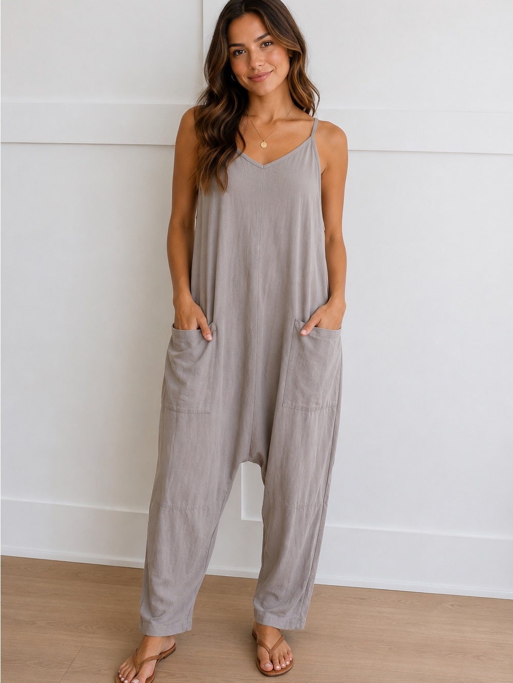 Relaxed V-Neck Spaghetti Strap Jumpsuit in Taupe